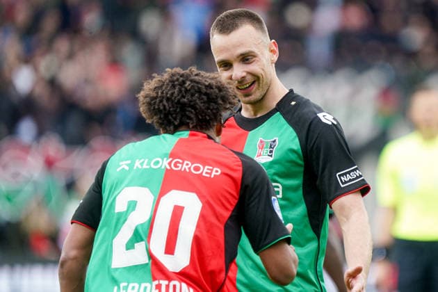 2026-05-17 N.E.C. Nijmegen v Go Ahead Eagles - Dutch Eredivisie NIJMEGEN, NETHERLANDS - MAY 17: Noe Lebreton of NEC Nijmegen celebrates with teammates after scoring his teams second goal, Darko Nejasmic of NEC Nijmegen during a Dutch Eredivisie at Goffertstadion on May 17, 2026 in Nijmegen, Netherlands. Nijmegen Goffertstadion Netherlands Content not available for redistribution in The Netherlands directly or indirectly through any third parties. Copyright: xJeroenxMeuwsenx