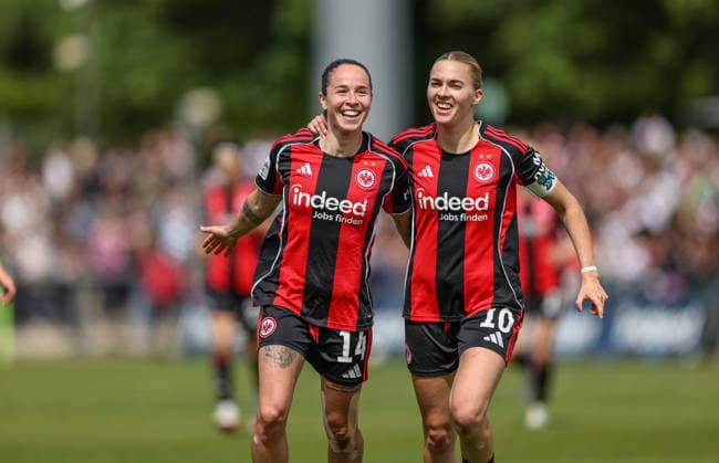 GER, Frankfurt, Eintracht Frankfurt vs Union Berlin, Google Pixel Bundesliga, Football, DFB, Season 2025 2026, Stadion am Brentanobad, 26 Matchday in picture Geraldine Reuteler Eintracht Frankfurt Women 14 scores the goal to 4 2, Goal, Cheers and joy, Emotions with Laura Freigang Eintracht Frankfurt Women 10 DFB DFL REGULATIONS PROHIBIT ANY USE OF PHOTOGRAPHS AS IMAGE SEQUENCES AND OR QUASI VIDEO, 17 05 2026 Copyright: HMBxMedia HendrikxHamelau
