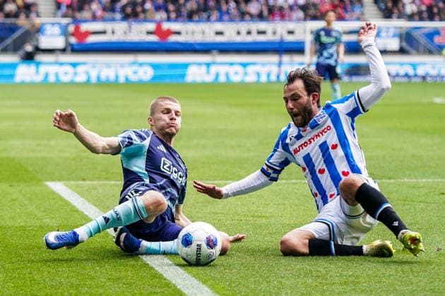 2026-05-17 SC Heerenveen v AFC Ajax - Dutch Vriendenloterij Eredivisie HEERENVEEN, NETHERLANDS - MAY 17: Anton Gaaei of Ajax, Joris van Overeem of SC Heerenveen during the Dutch Vriendenloterij Eredivisie match between SC Heerenveen and AFC Ajax at Abe Lenstra Stadion on May 17, 2026 in Heerenveen, Netherlands. Heerenveen Abe Lenstra Stadion Netherlands Content not available for redistribution in The Netherlands directly or indirectly through any third parties. Copyright: xAndrexWeeningx