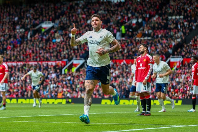 17th May 2026; Old Trafford, Manchester, England; Premier League Football, Manchester United, ManU versus Nottingham Forest; Morato of Nottingham Forest scores in the 53rd minute for 1-1 RogerxEvans
