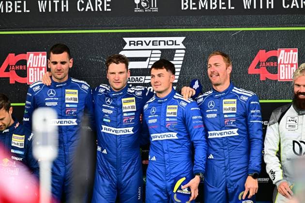 The Mercedes AMG Team RAVENOL with starting number 80 is on the podium of the 24h Nürburgring 2026 The team with Fabian Schiller, Luca Stolz, Maro Engel and Maxime Martin presents itself at the podium ceremony after a successful race Mercedes AMG Team RAVENOL 80 celebrates podium success at the 24h Nürburgring 2026 Copyright: xMichaelxGelhardtx