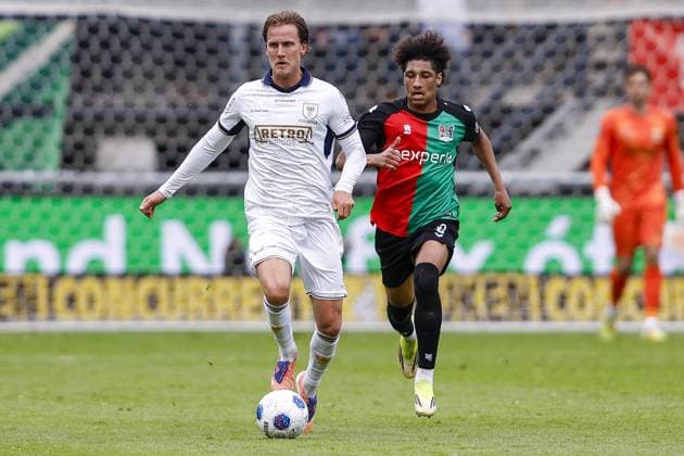 NIJMEGEN , 17-05-2026 , Stadium De Goffert , season 2025 2026 , Dutch Eredivisie football . match between NEC Nijmegen and Go Ahead Eagles, Picture shows GA Eagles player Melle Meulensteen NEC Nijmegen player Noe Lebreton NEC - Go Ahead Eagles  x203758861x Copyright: