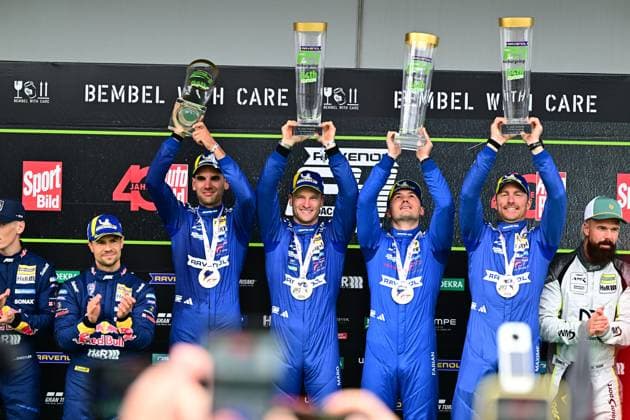 The Mercedes AMG Team RAVENOL with starting number 80 stands on the podium and holds up the winners trophies The drivers proudly present their medals after the successful 24-hour race at the Nürburgring Mercedes AMG Team RAVENOL 80 celebrates victory at the 24h Nürburgring Copyright: xMichaelxGelhardtx