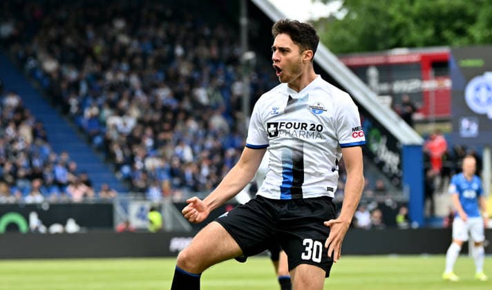 17 05 2026, xfux, Fußball 2 Bundesliga, SV Darmstadt 98 SC Paderborn 07 v l Torschuetze Torschütze Stefano Marino SC Paderborn Torjubel, Jubel, Goal celebration, celebrate the goal zum 0 1 jubelnd bejubelt jubeln Jubel DFL DFB REGULATIONS PROHIBIT ANY USE OF PHOTOGRAPHS as IMAGE SEQUENCES and or QUASI VIDEO Darmstadt