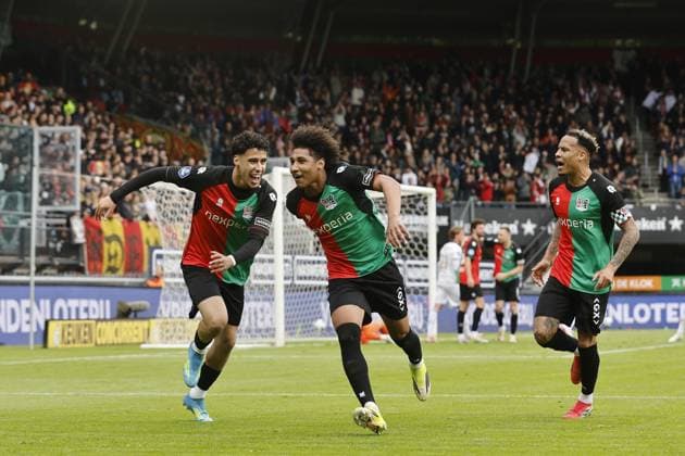 NIJMEGEN - (lr) Sami Ouaissa of NEC Nijmegen, Neo Lebreton of NEC Nijmegen, and Tjaronn Chery of NEC Nijmegen celebrate the 1-0 during the Dutch Eredivisie match between NEC Nijmegen and Go Ahead Eagles at De Goffert on May 17, 2026 in Nijmegen, the Netherlands. BART STOUTJESDIJK ANP Eredivisie 2025-2026 xVIxANPxSportx xxANPxIVx 558545604 originalFilename: 558545604.jpg