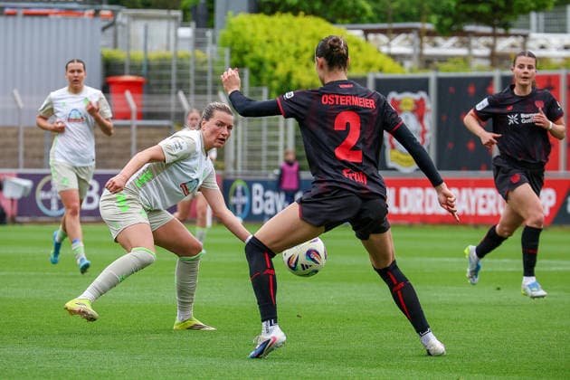 17 05 2026, xsscx, Women Soccer, Bayer 04 Leverkusen Werder Bremen, 1 Soccer Bundesliga, 26 Matchday, Ulrich Haberland Stadium, Season 2025 2026 Medina Desic Werder Bremen 9 in duel against Selina Ostermeier Bayer Leverkusen 02 DFB regulations prohibit any use of photographs as image sequences and or quasi video Photo xSandraxScherningxPressefotoKochx Nordrhein Westfalen Germany