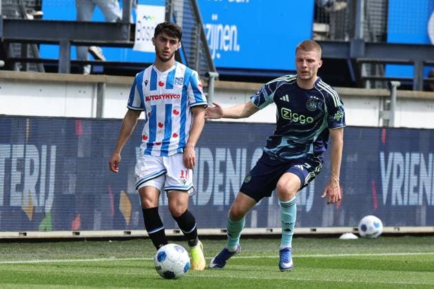 HEERENVEEN lr Luca Oyen of SC Heerenveen with Ajax player Anton Gaaei during the Dutch Eredivisie match between SC Heerenveen and Ajax at Abe Lenstra Stadium on May 17, 2026 in Heerenveen, the Netherlands Photo by DeFodi Images