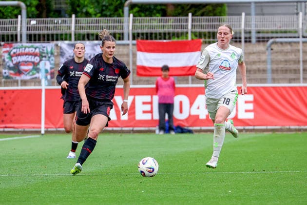 17 05 2026, xsscx, Women Soccer, Bayer 04 Leverkusen Werder Bremen, 1 Soccer Bundesliga, 26 Matchday, Ulrich Haberland Stadium, Season 2025 2026 b6 in duel against Lina Hausicke Werder Bremen 18 DFB regulations prohibit any use of photographs as image sequences and or quasi video Photo xSandraxScherningxPressefotoKochx Nordrhein Westfalen Germany