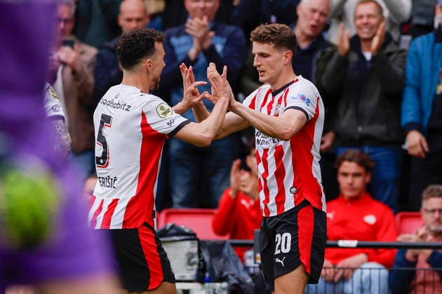 2026-05-17 PSV v FC Twente - Dutch Eredivisie EINDHOVEN, NETHERLANDS - MAY 17: Ivan Perisic of PSV, Guus Til of PSV. celebrates after scoring his teams fourth goal during the Dutch Eredivisie match between PSV and FC Twente at Philips Stadion on May 17, 2026 in Eindhoven, Netherlands. Eindhoven Philips Stadion Netherlands Content not available for redistribution in The Netherlands directly or indirectly through any third parties. Copyright: xBenxGalx