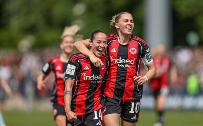 GER, Frankfurt, Eintracht Frankfurt vs Union Berlin, Google Pixel Bundesliga, Football, DFB, Season 2025 2026, Stadion am Brentanobad, 26 Matchday in the picture from l Geraldine Reuteler Eintracht Frankfurt Women 14 scores the goal to 4 2, Goal, jubilation and joy, Emotions with Laura Freigang Eintracht Frankfurt Women 10 DFB DFL REGULATIONS PROHIBIT ANY USE OF PHOTOGRAPHS AS IMAGE SEQUENCES AND OR QUASI VIDEO, 17 05 2026 Copyright: HMBxMedia HendrikxHamelau