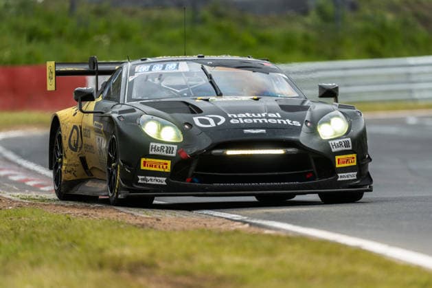 The Aston Martin Vantage AMR GT3 EVO with starting number 34 from the natural elements by Walkenhorst Motorsport team with drivers Christian Krognes, Mattia Drudi, Nicki Thiim and Felipe Fernadez Laser will race on the Nordschleife of the Nürburgring Nürburg Rhineland-Palatinate Germany during the 24-hour race.