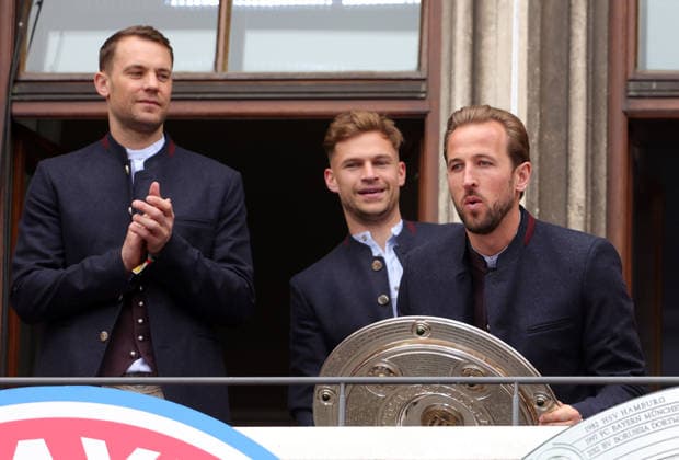 17 05 2026, Champion celebration at Munich City Hall, Marienplatz Muenchen, in the picture Manuel Neuer FC Bayern Muenchen , Joshua Kimmich FC Bayern Muenchen , and Harry Kane FC Bayern Muenchen