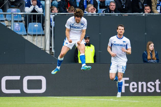 17 05 2026 Soccer, 2025 2026, 2 Bundesliga, Matchday 34, DSC Arminia Bielefeld Hertha BSC Berlin L R Linus Gechter Berlin celebrates after his goal to 0 1 with Pascal Klemens Berlin DFL REGULATIONS PROHIBIT ANY USE OF PHOTOGRAPHS AS IMAGE SEQUENCES AND OR QUASI VIDEO