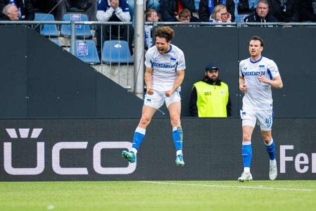 17 05 2026 Soccer, 2025 2026, 2 Bundesliga, Matchday 34, DSC Arminia Bielefeld Hertha BSC Berlin L R Linus Gechter Berlin celebrates after his goal to 0 1 with Pascal Klemens Berlin DFL REGULATIONS PROHIBIT ANY USE OF PHOTOGRAPHS AS IMAGE SEQUENCES AND OR QUASI VIDEO