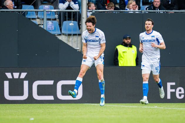 17 05 2026 Soccer, 2025 2026, 2 Bundesliga, Matchday 34, DSC Arminia Bielefeld Hertha BSC Berlin L R Linus Gechter Berlin celebrates after his goal to 0 1 with Pascal Klemens Berlin DFL REGULATIONS PROHIBIT ANY USE OF PHOTOGRAPHS AS IMAGE SEQUENCES AND OR QUASI VIDEO