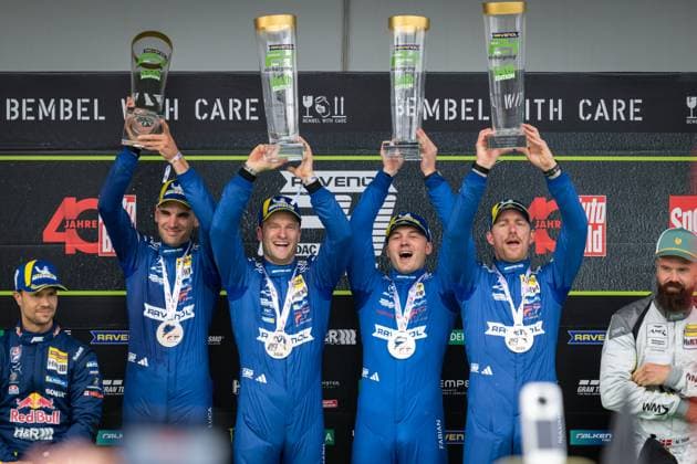 The drivers of Mercedes AMG Team RAVENOL proudly present their trophies and medals on the podium The team triumphs in the 24-hour race series on the legendary Nordschleife of the Nürburgring Mercedes AMG Team RAVENOL 80 celebrates victory at 24h Nürburgring Copyright: xMichaelxGelhardtx