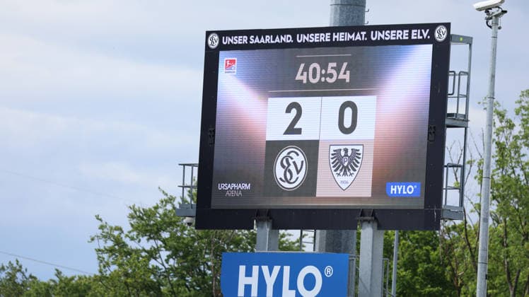 17 05 2026, xrekx, Fussball 2 Bundesliga, SV Elversberg Preußen Münster v l Scoreboard, Videowall, Scoreboard, Info, Advertising Symbol photo, Symbolbild, Symbol Stadion, symbolic photo, symbolic image, symbolic stadium DFL DFB REGULATIONS PROHIBIT ANY USE OF PHOTOGRAPHS as IMAGE SEQUENCES and or QUASI VIDEO Elversberg
