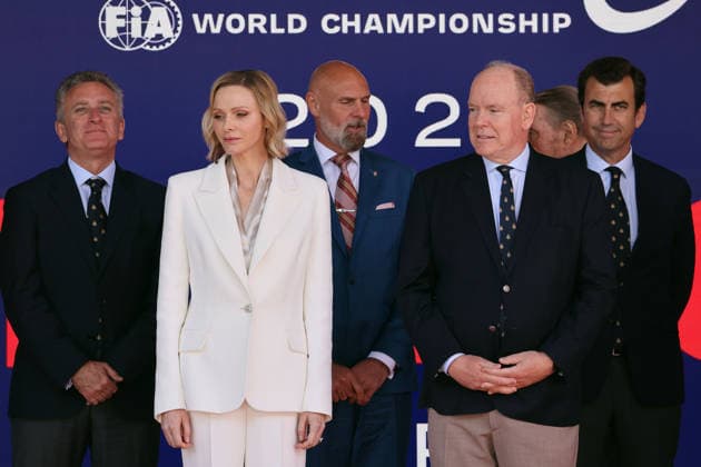 Charlene, Princess of Monaco and Albert II, Prince of Monaco both smiling on the podium for FE Race 2, FIA Formula E World Championship Season 12, Monaco E Prix, MonteCarlo, MC, 17 05 2026, FE