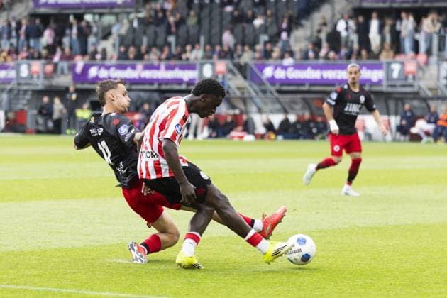 ROTTERDAM - (lr) Ayoni Santos of Sparta Rotterdam, Gyan de Regt of Excelsior during the Dutch Eredivisie match between Sparta Rotterdam and Excelsior at Sparta Stadion Het Kasteel on 17 May 2026 in Rotterdam, the Netherlands. IRIS VAN DEN BROEK ANP Eredivisie 2025-2026 xVIxANPxSportx xxANPxIVx 558549502 originalFilename: 558549502.jpg