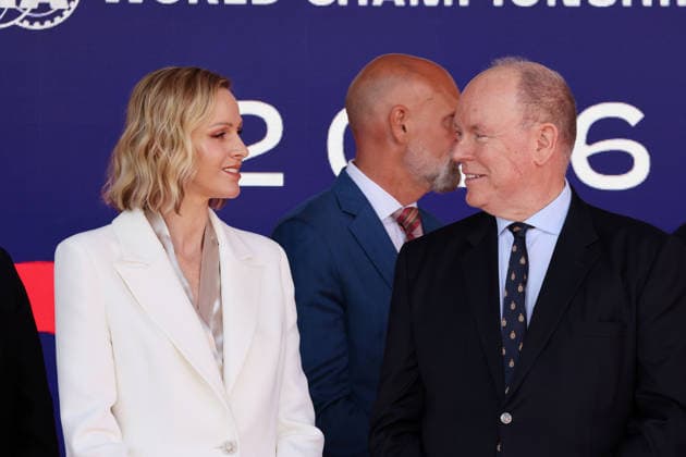Charlene, Princess of Monaco and Albert II, Prince of Monaco both smiling on the podium for FE Race 2, FIA Formula E World Championship Season 12, Monaco E Prix, MonteCarlo, MC, 17 05 2026, FE