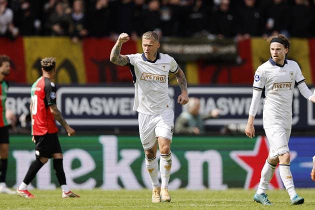 NIJMEGEN - Victor Edvardsen of Go Ahead Eagles celebrates 1-2 during the Dutch Eredivisie match between NEC Nijmegen and Go Ahead Eagles at De Goffert on May 17, 2026 in Nijmegen, the Netherlands. BART STOUTJESDIJK ANP Eredivisie 2025-2026 xVIxANPxSportx xxANPxIVx 558550826 originalFilename: 558550826.jpg
