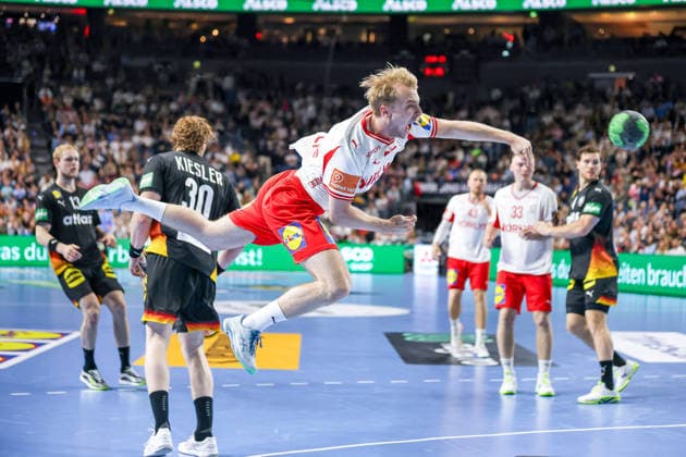 17 05 2026, xkwix, handball, international match, Germany Denmark , Lanxess Arena in Cologne Hjalte Lykke Denmark 37 flies through the air while throwing at the goal Photo xKamilxWilkowskixPressefotoKochx Nordrhein Westfalen Germany