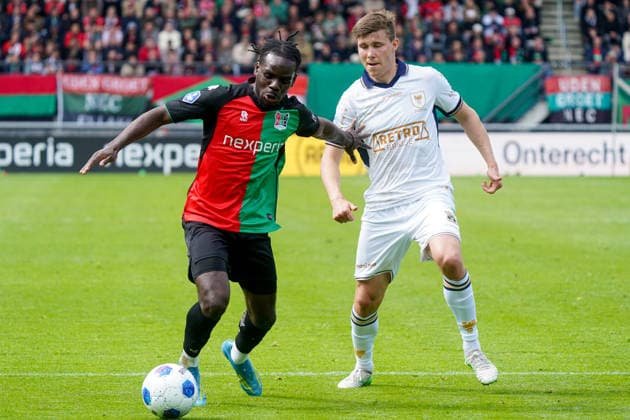 2026-05-17 N.E.C. Nijmegen v Go Ahead Eagles - Dutch Eredivisie NIJMEGEN, NETHERLANDS - MAY 17: Brayann Pereira of NEC Nijmegen battles for possession with Alfons Sampsted of Go Ahead Eagles during a Dutch Eredivisie at Goffertstadion on May 17, 2026 in Nijmegen, Netherlands. Nijmegen Goffertstadion Netherlands Content not available for redistribution in The Netherlands directly or indirectly through any third parties. Copyright: xJeroenxMeuwsenx