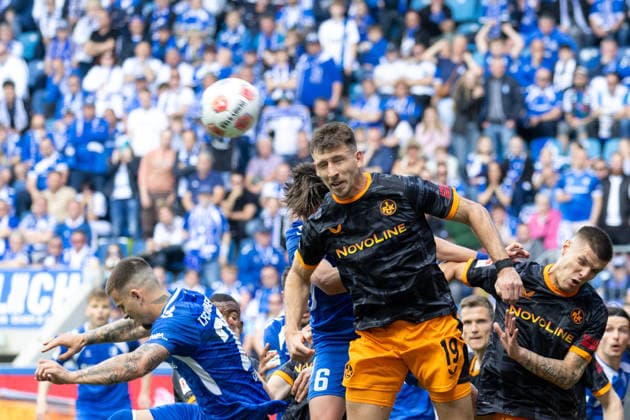 Germany 2 Bundesliga, Matchday 34, Season 2025 2026, 1 FC Magdeburg vs 1 FC Kaiserslautern Avnet Arena Magdeburg Hanslik Daniel 1 FC Kaiserslautern, 19 in header duel against Stalmach Dariusz 1 FC Magdeburg, 6 Copyright: xMichellexLukax