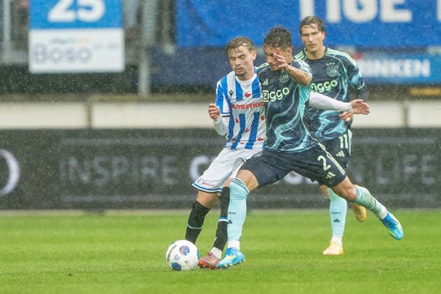 2026-05-17 SC Heerenveen v AFC Ajax - Dutch Vriendenloterij Eredivisie HEERENVEEN, NETHERLANDS - MAY 17: Jacob Trenskow of SC Heerenveen, Lucas Rosa of Ajax during the Dutch Vriendenloterij Eredivisie match between SC Heerenveen and AFC Ajax at Abe Lenstra Stadion on May 17, 2026 in Heerenveen, Netherlands. Heerenveen Abe Lenstra Stadion Netherlands Content not available for redistribution in The Netherlands directly or indirectly through any third parties. Copyright: xAndrexWeeningx