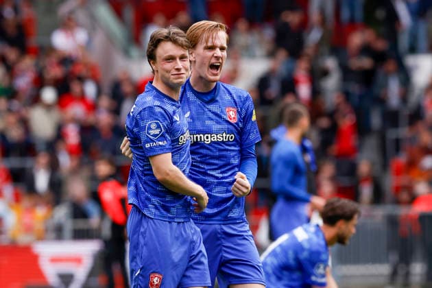 2026-05-17 PSV v FC Twente - Dutch Eredivisie EINDHOVEN, NETHERLANDS - MAY 17: Sondre Orjasaeter of FC Twente, Mats Rots of FC Twente celebrate the place in the Europa League during the Dutch Eredivisie match between PSV and FC Twente at Philips Stadion on May 17, 2026 in Eindhoven, Netherlands. Eindhoven Philips Stadion Netherlands Content not available for redistribution in The Netherlands directly or indirectly through any third parties. Copyright: xBenxGalx