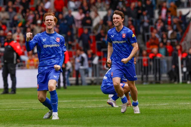 2026-05-17 PSV v FC Twente - Dutch Eredivisie EINDHOVEN, NETHERLANDS - MAY 17: Sondre Orjasaeter of FC Twente, Mats Rots of FC Twente celebrate the place in the Europa League during the Dutch Eredivisie match between PSV and FC Twente at Philips Stadion on May 17, 2026 in Eindhoven, Netherlands. Eindhoven Philips Stadion Netherlands Content not available for redistribution in The Netherlands directly or indirectly through any third parties. Copyright: xBenxGalx