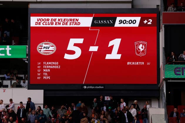 2026-05-17 PSV v FC Twente - Dutch Eredivisie EINDHOVEN, NETHERLANDS - MAY 17: scoreboard after the match during the Dutch Eredivisie match between PSV and FC Twente at Philips Stadion on May 17, 2026 in Eindhoven, Netherlands. Eindhoven Philips Stadion Netherlands Content not available for redistribution in The Netherlands directly or indirectly through any third parties. Copyright: xBenxGalx