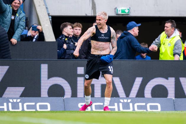 17 05 2026 Soccer, 2025 2026, 2 Bundesliga, Matchday 34, DSC Arminia Bielefeld Hertha BSC Berlin Joel Grodowski Bielefeld cheers after his goal for 2 1 DFL REGULATIONS PROHIBIT ANY USE OF PHOTOGRAPHS AS IMAGE SEQUENCES AND OR QUASI VIDEO