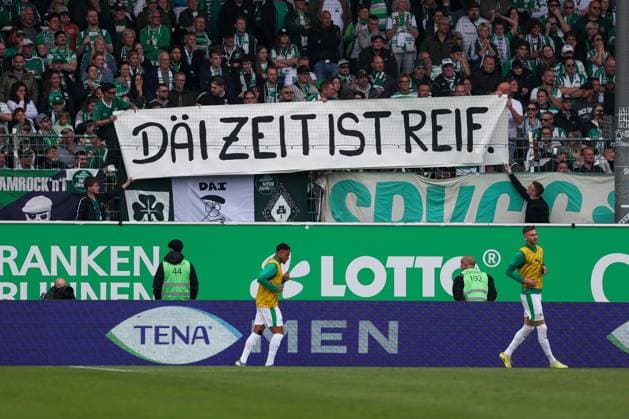 Poster of the Fuerth fans, The time is ripe, Poster for club name change, Restart, SpVgg Greuther Fuerth vs Fortuna Duesseldorf, Football, Men, 2 Bundesliga, DFL, Season 2025 2026, 34 Matchday, Second round, 17 05 2026 DFB regulations prohibit any use of photographs as image sequences and or quasi video Fuerth Bayern Germany Copyright: xkolbert-press MartinxAgüerax