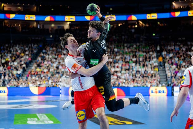 Dortmund 17 05 2026, Handball, Men, International match, Germany Denmark Marko Grgic Germany, 71 in duel with Niclas Vest Kirkelokke Denmark, 3