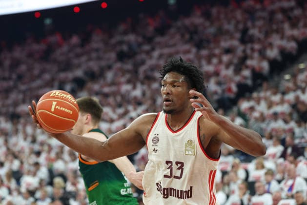 David McCormack FC Bayern Basketball, 33 with ball, GER, FC Bayern Basketball vs Vet Concept Gladiators Trier, Basketball, easycredit Basketball Bundesliga, Playoffs, quarter-finals season 2025 2026, 17 05 2026, GER, FC Bayern Basketball vs Vet Concept Gladiators Trier, Basketball, easycredit Basketball Bundesliga, Playoffs, quarter-finals season 2025 2026, 17 05 2026 Munich Copyright: xEibner-Pressefoto JennixMaulx EP_JML