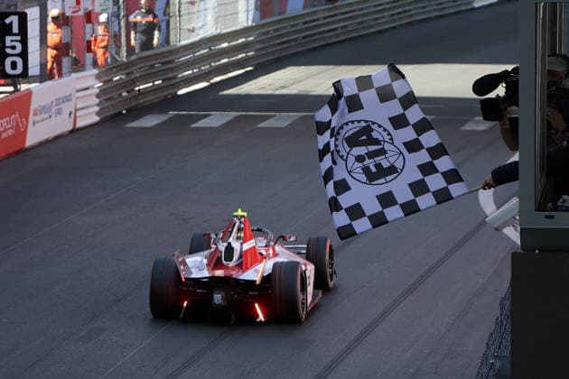 Black and white checkered flag for the winner Oliver Rowland GBR Nissan in Race 2, FIA Formula E World Championship Season 12, Monaco E Prix, MonteCarlo, MC, 17 05 2026, FE