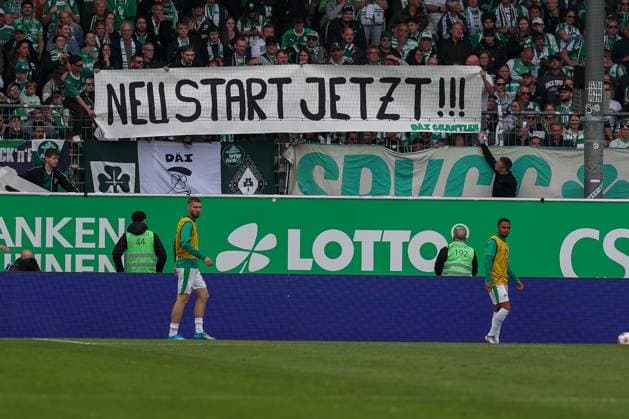 Fuerth fans poster, poster for club name change, restart, SpVgg Greuther Fuerth vs Fortuna Duesseldorf, football, men, 2 Bundesliga, DFL, season 2025 2026, 34 matchday, second round, 17 05 2026 DFB regulations prohibit any use of photographs as image sequences and or quasi video Fuerth Bayern Germany Copyright: xkolbert-press MartinxAgüerax