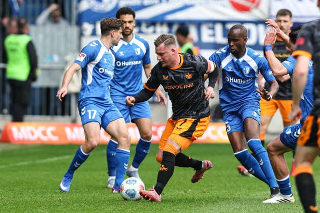 Marlon Ritter 1 FC Kaiserslautern,7 vs Silas Gnaka r ,1 FC Magdeburg,25 and Alexander Nollenberger 1 FC Magdeburg,17 2 Soccer Bundesliga Season 2025 2026 1 FC Magdeburg vs 1 FC Kaiserslautern at the Avnet Arena in Magdeburg Action,Soccer,Man,Men,Germany,17 05 2026