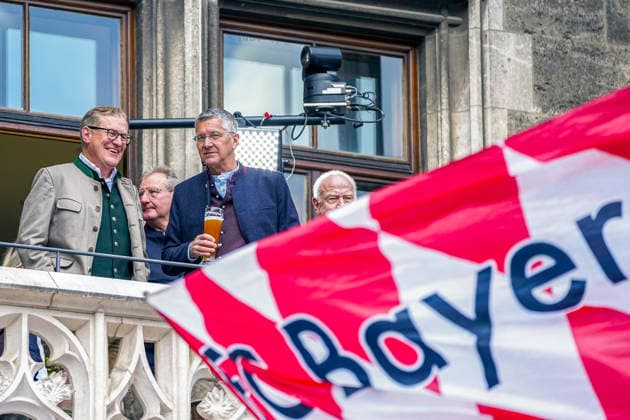 17 05 2026, Football Bundesliga 2025 2026, FC Bayern Munich championship celebration on the balcony of the town hall in Munich from left to right Chairman Jan Christian Dreesen FC Bayern Munich , President Herbert Hainer FC Bayern