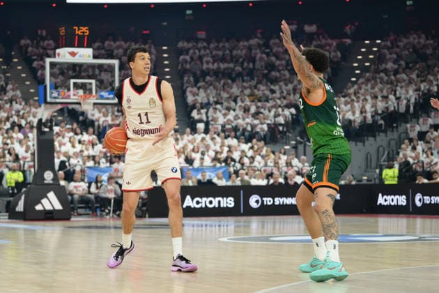 Basketball, easy Credit BBL, 20260517, FC Bayern Munich Vet Concept Gladiators Trier Pictured from l Vladimir LUCIC Bayern, 11 , Nolan ADEKUNLE Trier, 22 Munich SAP Garden Bayern Germany Copyright: Passion2Press.dex xMarkusxFischex