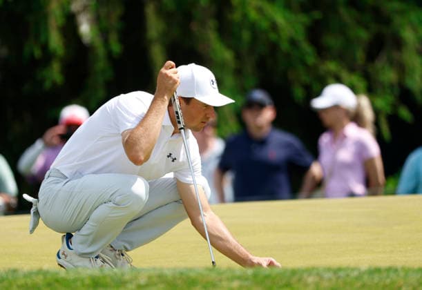 Jordan Spieth lines up a putt on the 3rd green during the final round of the 2026 PGA, Golf Herren Championship at Aronimink Golf Club in Newtown Square, Pennsylvania, on Sunday, May 17, 2026.  PHI20260517804 LAURENCExKESTERSON