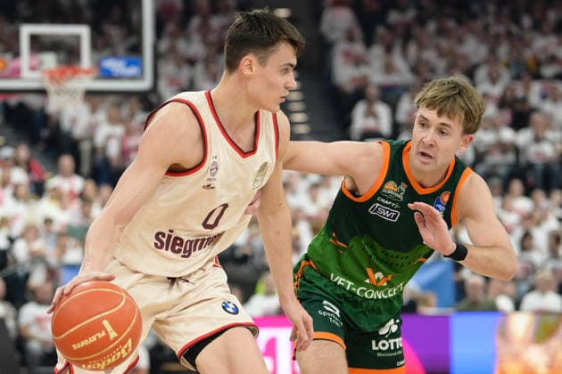 Basketball, easy Credit BBL, 20260517, FC Bayern Munich Vet Concept Gladiators Trier Pictured from l Neno DIMITRIJEVIC Bayern, 0 , Steven ASHWORTH Trier, 1 Munich SAP Garden Bayern Germany Copyright: Passion2Press.dex xMarkusxFischex