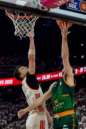 German Basketball Bundesliga BBL , FC Bayern Munich Basketball vs VET CONCEPT GLADIATORS Trier, Munich FC Bayern Basketball, Trier VET CONCEPT GLADIATORS, 2026 05 17 in Munich SAP Garden GUILLOZET Clay VET CONCEPT GLADIATORS TRIER Shooting Guard SG Nr4 TRI4 , LUCIC Vladimir FC Bayern Munich Basketball Small Forward SF Nr11 FCBB11 sportworld Munich SAP Garden Bayern Germany