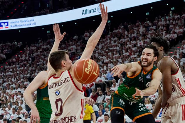 German Basketball Bundesliga BBL , FC Bayern Munich Basketball vs VET CONCEPT GLADIATORS Trier, Munich FC Bayern Basketball, Trier VET CONCEPT GLADIATORS, 2026 05 17 in Munich SAP Garden GUILLOZET Clay VET CONCEPT GLADIATORS TRIER Shooting Guard SG Nr4 TRI4 , DIMITRIJEVIC Neno FC Bayern Munich Basketball Guard Nr 0 BAY0 sportworld Munich SAP Garden Bayern Germany