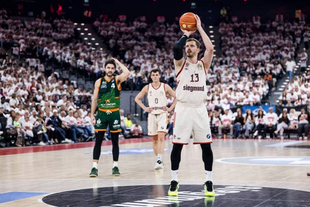 MUNICH, GERMANY - MAY 17: Andreas Andi Obst (FC Bayern Muenchen, 13) shoots from the freethrow line during the easyCredit Basketball Bundesliga Playoffs Quarterfinal Game 1 between FC Bayern Muenchen vs. Vet-Concept Gladiators Trier at SAP Garden on match 1 of the Playoffs Quarterfinals Best of Five of easyCredit Basketball Bundesliga on May 17, 2026 in Munich, Germany. Bavaria Germany Copyright: xSteffiexWunderlx