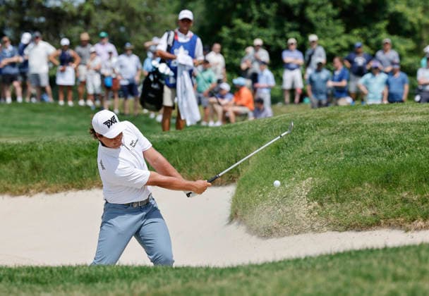 Aldrich Potgieter of South Africa hits out of a bunker on the 3rd hole during the final round of the 2026 PGA, Golf Herren Championship at Aronimink Golf Club in Newtown Square, Pennsylvania, on Sunday, May 17, 2026.  PHI20260517811 LAURENCExKESTERSON