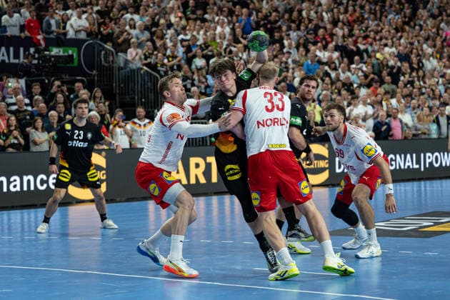 Mens Handball International Match, Germany Denmark May 17, 2026 Nils Lichtlein Germany Germany, 3 , Emil Bergholt Denmark, 33 , Steven Plucnar Denmark, 69 , Mens Handball International Match, Germany Denmark May 17, 2026 Copyright: xBEAUTIFULxSPORTS Erlhofx