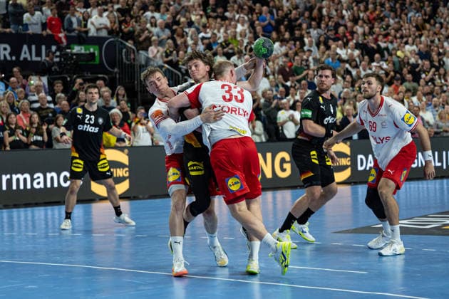 Mens Handball International Match, Germany Denmark May 17, 2026 Nils Lichtlein Germany Deutschland, 3 , Emil Bergholt Denmark, 33 , Johannes Golla Germany Deutschland, 4 , Steven Plucnar Denmark, 69 , Mens Handball International Match, Germany Denmark May 17, 2026 Copyright: xBEAUTIFULxSPORTS Erlhofx