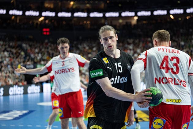 Mens Handball International Match, Germany Denmark May 17, 2026 Niclas Kirkelokke Denmark, 3 , Juri Knorr Germany Germany, 15 , Simon Pytlick Denmark, 43 , Mens Handball International Match, Germany Denmark May 17, 2026 Copyright: xBEAUTIFULxSPORTS Erlhofx